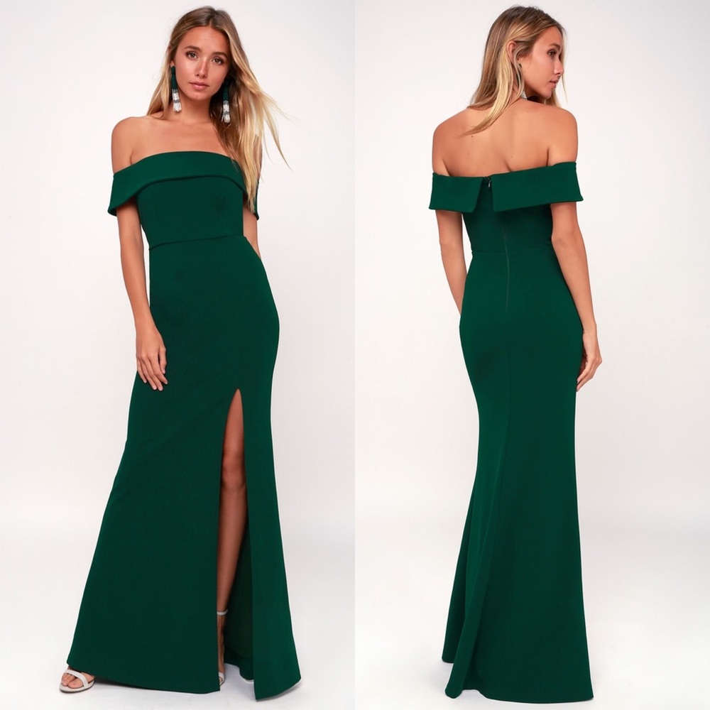 Lulus Aveline Forest Green Off-Shoulder Maxi Dress